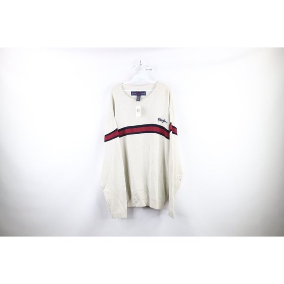 NOS Vtg Phat Farm Mens 2XL Striped Spell Out Script Marled Knit Sweater Cream